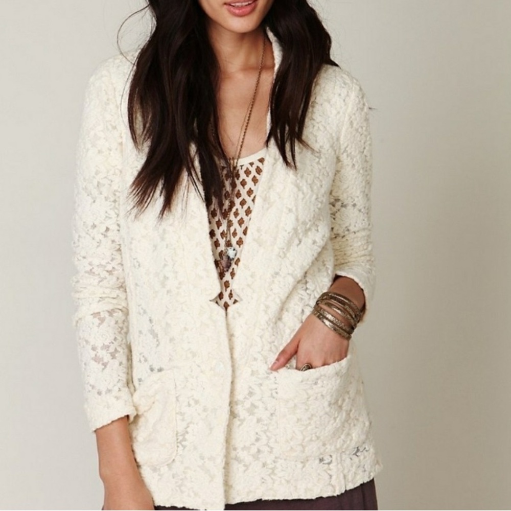 Free People - Elegant Ivory/Cream Floral Lace Women's Blazer- Size: Small